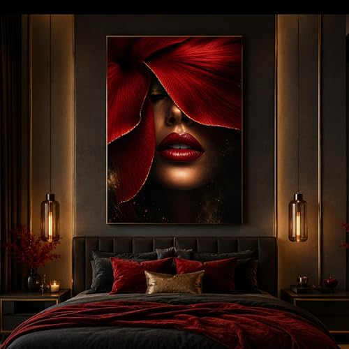 Tableau fleur rouge grand format sans cadre mur vide
