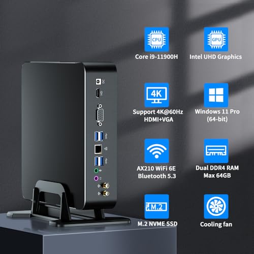 Image of Thdeukoty Mini PC i9-11900H 8 Cores Up to 4.9GHz, Deaktop Computer Windows 11 pro, 16G DDR4 RAM 512G M.2 NVME SSD, 4K HDMI2.0 VGA Dual Display, Wifi6E Bluetooth5.3, Gigabit LAN for Office /Home