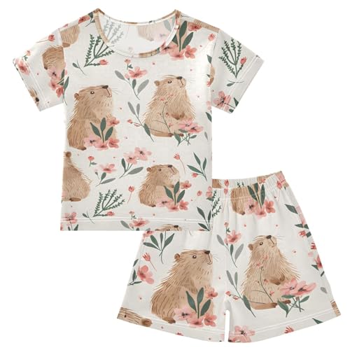ALAZA Capybara Flower Leaves Pajamas Short Sleeve 2 Piece Sleepwear Top and Bottom Pajama Set Unisex