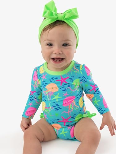 Image of RuffleButts Baby Girls UPF 50+ Sun Protection Floral Printed Long Sleeve One Piece Rash Guard Swimsuit with Zipper