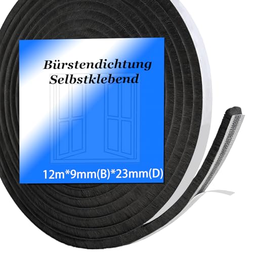 Junta de cepillo autoadhesiva, 12 m, 9 mm (ancho) x 23 mm (D) para persianas, puertas correderas, ventanas, puertas, armarios, puertas, cepillos, protección contra insectos