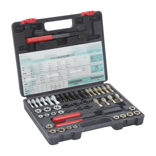 DKwoeshg 49-Pc Thread Chaser Set, UNC/UNF/Metric Taps & Dies Kit with Thread Files for Metal & Automotive Thread Repair