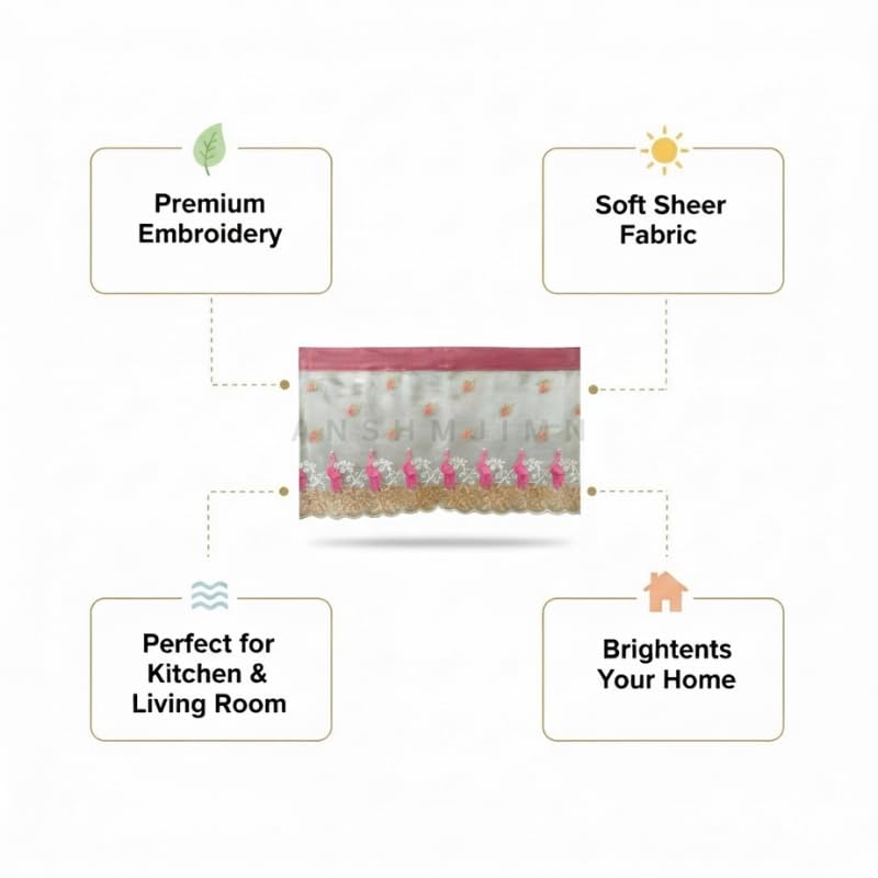 Image of Short Window Curtain for Kitchen, Living Room, Cafe, Restaurant & Home Decor | Elegant Half Window Valance | Length - 24 Inch, Width - 42 Inch (Pink Peacock, Small)