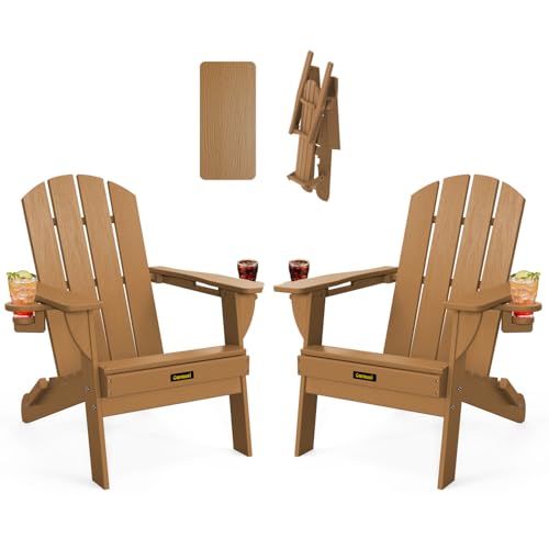 Folding Adirondack Chair Set of 2, Wooden Textured Plastic Adirondack Chairs with 2 Cup Holder, Weather Resistant HDPE Fire Pit Chair, Outdoor Patio Chairs for Garden, Backyard, Lawn, Deck, Teak