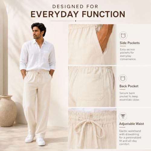 Image of Linen Pants for man || Relaxed Fit Casual Trousers for Men || Men's Lightweight Breathable Pants || Elastic Waist with Drawstring || All Season Pant for Regular, Travel & Office Wear