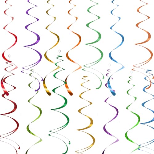 Image of Colorful Ceiling Swirl Foil Decorations Hanging Plastic Streamer Themed Swirl Party Decoration for Wedding Thanksgiving Day Graduation Celebration, Pack of 28 (Rainbow)