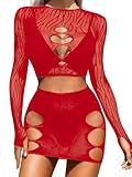 EHSUYAB Fishnet Poster Dress for Women, Sexy Outfits 2 Piece Dancer Dancewear Plus Size, Two Piece Exotic Lingerie Set Club Party Concert Rave Music Festival Valentine's Day One Size Red