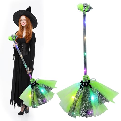 Halloween Witch Broom, LED Light Up Witch Broomstick Luminous Witches Brooms Wizard Flying Broom Stick Halloween Brooms Props Cosplay Costume Accessories for Kids Adults (Green 2)