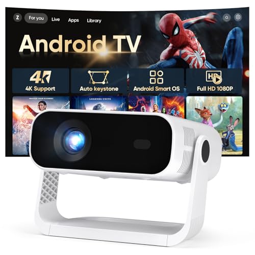 2026 New Smart Projector Built-in Apps, Android 14, Native 1080P 4K Supported WiFi 6 Bluetooth 5.2, 30000 Lumens, Low Fan Noise (<30dB), Home Cinema Projector for iOS/Switch /PS5（White-Black）