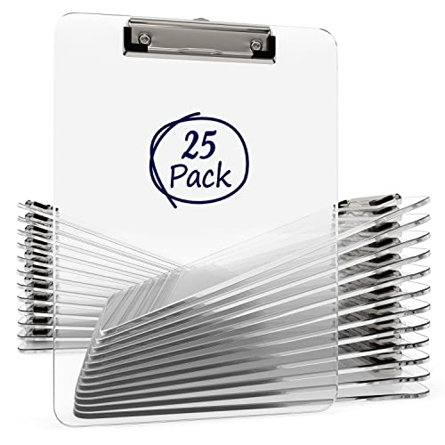 25 Pack Transparent Plastic Clipboards Bulk Acrylic Clear Clip Boards With Low Profile Metal Clip Board 12.5 X 9 Inch Letter Size Clipboard Class Set For Classroom With Hanging Hook - Holds 100 Sheets #TOP1