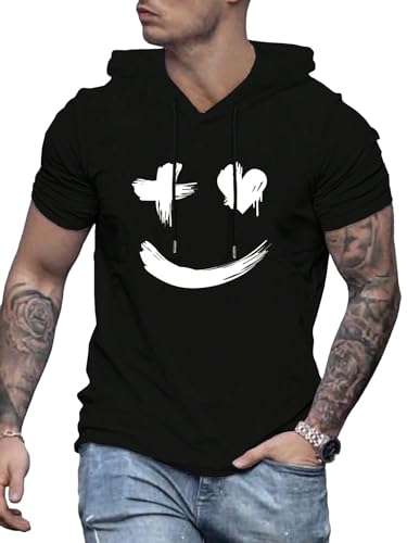 SweatyRocks Men's Cartoon Graphic Hooded T Shirt Short Sleeve Drawstring Hoodie Casual Pullover Tops