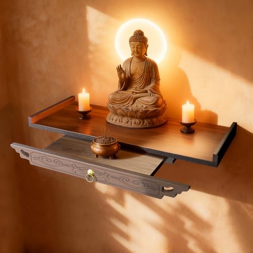 GenxQian 26' Wall-Mounted Altar Shelf, Supports up to 100 Lbs, with Extendable Drawer Bamboo Wall Altar, Antique-Style Carved Buddhist Altar for Incense and Pray