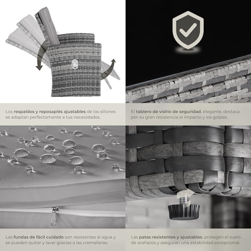 tectake® Conjunto Jardín de Ratán con Pies y Respaldo Ajustable, Muebles Jardín Exterior 1 Sofá, 2 Sillones, 2 Taburetes, 1 Mesa con Cristal, Conjunto Terraza con Cojines y Fundas Extraíbles - Negro - imagen 6