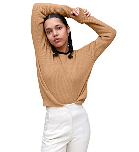 State Cashmere Women’s 100% Pure Cashmere Ribbed Sweater Crewneck Pullover (Camel, Medium)