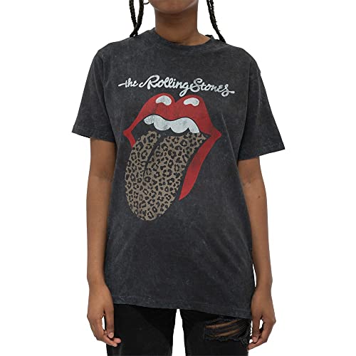 Rolling Stones The T Shirt Leopard Tongue Official Mens Black Acid Wash XXL