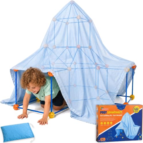 Fort Bausatz XL für Kinder 122-teiliges Stecksystem mit 76 Stäben & 46 Steckbällen Höhle Bauen Set für Indoor & Outdoor Konstruktionsspielzeug ab 5 Jahren Inkl. Tasche & E-Book mit Bauideen