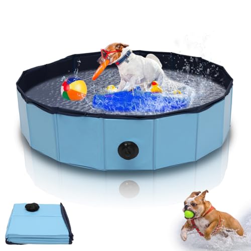 Gimisgu Hundepool 80 x 20 cm für kleine und große Hunde, faltbar, rutschfestes Hundeplanschbecken, robuste Hundebadewanne mit Reparaturset, Blau