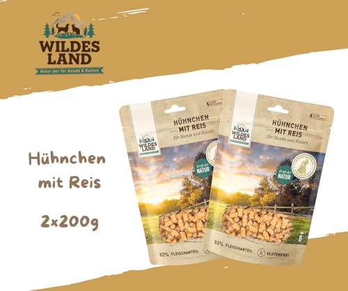 Wildes Land - Hundesnack - Hühnchen mit Reis 2x200g – Fleischsnack für Hunde & Katzen – Monoprotein & glutenfrei – 82 % Huhn – schonend luftgetrocknet – ohne Zucker & Zusatzstoffe