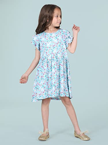 Image of UrbanMark Junior Girls Rayon Floral Printed Cap Sleeves Dress with Stylised Ruffles -Light Blue