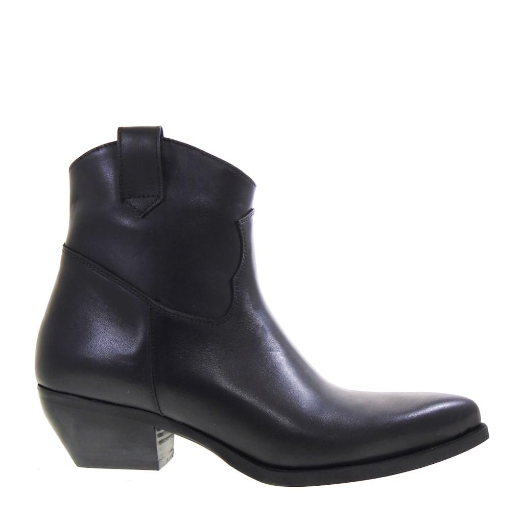 504 Texani Bassi Donna Pelle Nero Tacco Western 4Cm Suola Gomma Gambale Caviglia