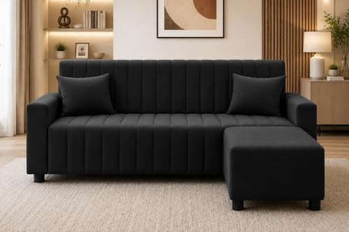 Image of Rosebell Three Seater Sofa Set with Ottoman | Living Room Couch | with Printed Cushions | Sofa for Home, Apartment & Office-Black Color