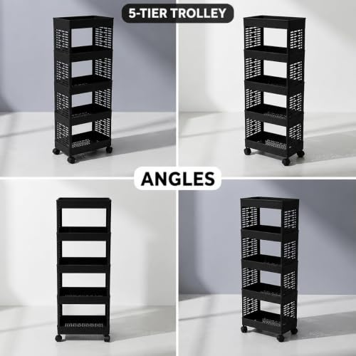 Image of Plastic Storage Trolley Rack with Wheels, 5-Layer Rolling Utility Cart, Space-Saving Home Organizer Rack, Kitchen, Bathroom, Office Storage| Black (1 Pcs, 5-Layer)