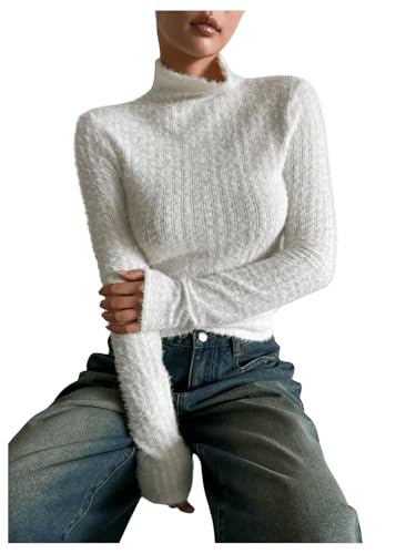 Image of OYOANGLE Women's High Neck Long Sleeve Fuzzy Sweater Ribbed Knit Slim Fit Pullover Tops