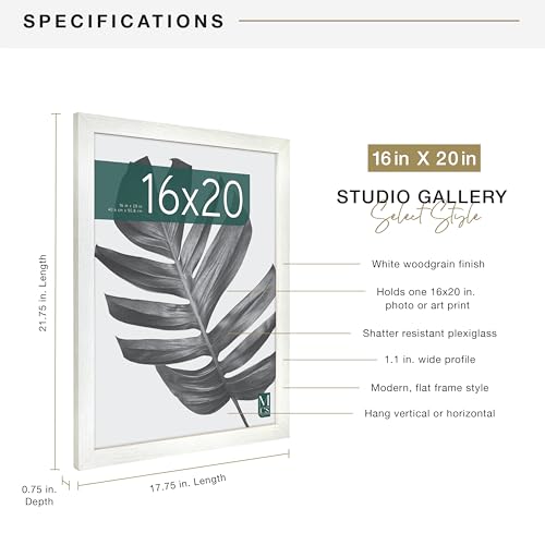 MCS Studio Gallery 16x20 Poster Frame White Woodgrain, Vertical & Horizontal Wall Hanging Large Picture Frame for Photos, Posters & Art Prints (1-Pack)