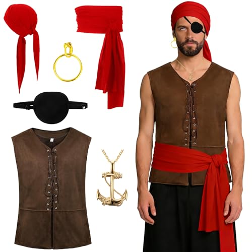 CHENBOOW Déguisement Pirate,6 Pièces Costume de Pirate pour Homme,Pirate Costume,Déguisement Homme Pirate,Pirates Sans Manches,Accessoires pour les Fêtes...