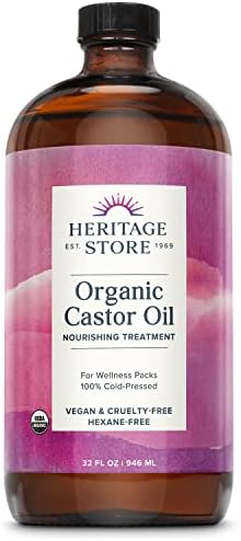 HERITAGE STORE Organic Castor Oil, Nourishing Hair Treatment, Deep Hydration for Healthy Hair/Skin Care, Eyelashes & Brows, Castor Oil Packs, Cold Pressed, Hexane Free, Vegan, Cruelty Free 32oz