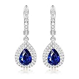Dangle Earrings Gold 18K, Teardrop Shape with Diamond and Sapphire 1ct 2ct Dangle Earrings