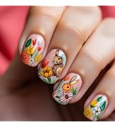 Easter Fake Nails Festive Short Square Press on Nails with Cute Bunny Colorful Flower Designs Glo...