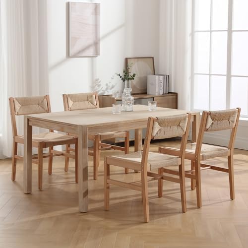 BESTANO Mid Century Modern Weave Rattan Dining Chairs Set of 4, Natural Beechwood Farmhouse Boho Dining Room Chairs Wicker Chairs with Back