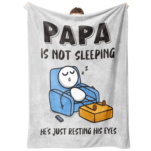 GoMelley Funny Fathers Day Papa Gifts, Papa is Not Sleeping Blanket Gift from Grandkids Daughter Son, Birthday Gifts for Papas Dad Grandpa, Flannel Throw for Couch and Naps, 60‘’ x 50‘’ （Gray）