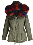  Italy Donna Damen echt Fell Raccoon Pelz Kapuze Kragen lang Jacke XXL Winter Jacke Parka Mantel warm GEFÜTTERT 38 40 S M Khaki Blau Multicolor Anorak (38)