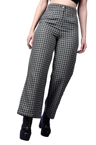 Image of POPWINGS Casual Check Print Button and Zip Closure Trouser for Women | Western Wide-Leg Trouser for Women | Summer Trousers for Women | Comfortable Semi-Formal Work Trouser for Women
