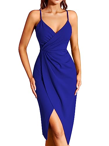 Missufe Robe pour femme - Robe de cocktail, fête, estivale - Robe midi - Robe élégante et festive - Robe bodycon - Robe de mariage sans manches à bretelles fines - Robes de soirée, bleu roi, XXL