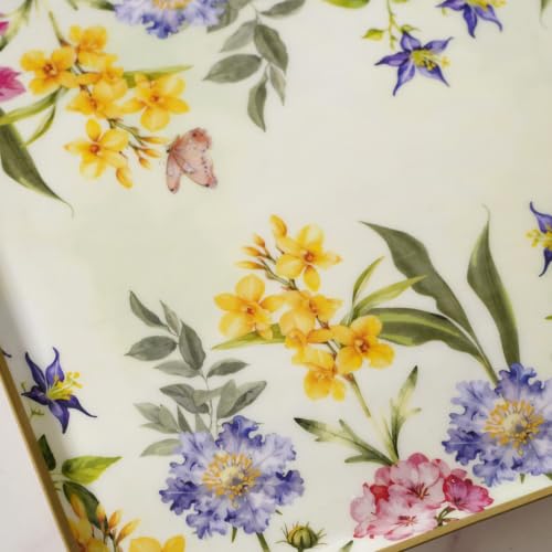 Image of Nestasia Serving Tray with Gift Box (33cm x 23cm) - Elegant Floral Print Platter with Golden Rim for Decoration & Gifting | Food Safe, Rust-Resistant & Premium Finish Tray - Perfect for Home Decor