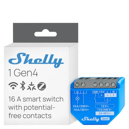 Shelly 1 Gen4 Wireless Switch Module Matter Zigbee Wi-Fi 1 Channel 16A Dry Contacts Garage Door Opener Relay App and Voice Control Alexa, Google, SmartThings and Apple HomeKit