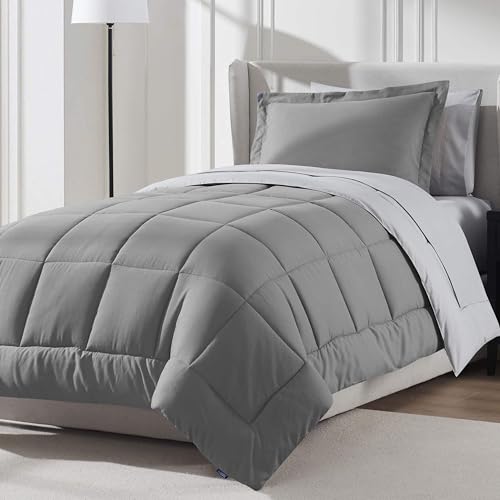 Nestl Twin Comforter Set 5 Piece - Reversible Twin Bedding Sets Grey, College Dorm Room Essentials for Girls and Boys Bed in a Bag All Season, Comforter Set with Sheets, Pillowcase and Sham