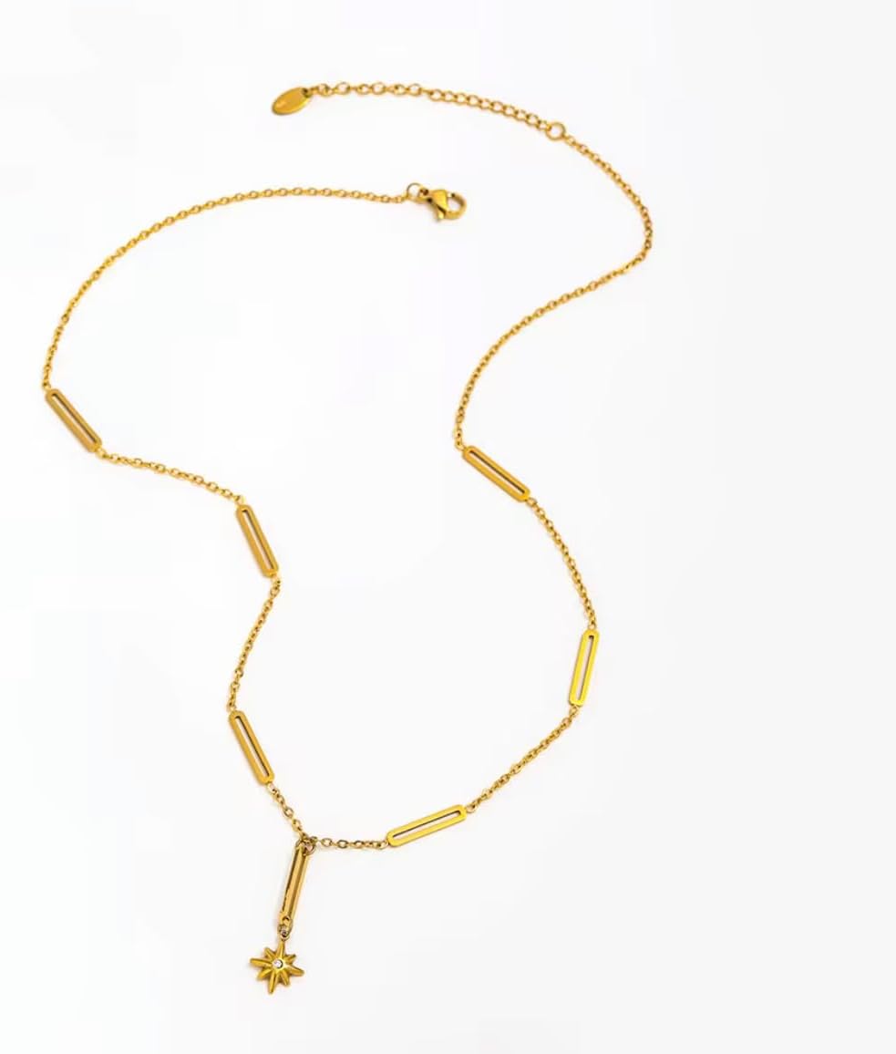 Elegant Gold Star Y Pendant Necklace, 18K Gold Plated over Stainless Steel Chain with Crystal Starburst Charm, Fashion Jewelry for Women, 16.5-Inch Chain with a 2-Inch Extension, Tarnish Resistant
