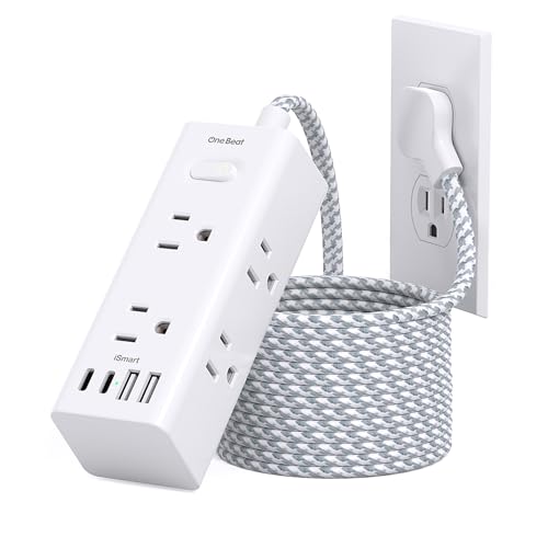 Image of Flat Plug Extension Cord 15Ft, One Beat Surge Protector Power Strip 15 Ft Cord with 6 Widely Outlets 4 USB Ports (2 USB C), 3 Way Wall Outlet Extender Extension Cord for Home Office College Dorm Room