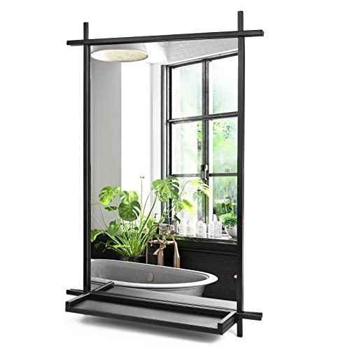 Bathroom Mirrors For Wall, 22X32, Black Metal Cross Corner Framed Industrial Hanging Mirror With Shelf, Large Modern Wall-Mounted Vanity Makeup/Shaving Mirror Set For Bedroom, Living Room, Entryway #TOP10