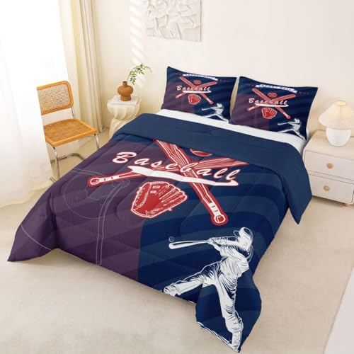 Image of Feelyou Boys Baseball Theme Comforter Set Toddler Size Baseball Player Bedding Set for Kids Boys Girls Sport Ball Duvet Quilt Navy Blue Bedroom Decor 2 Pcs with 1 Pillow Cases