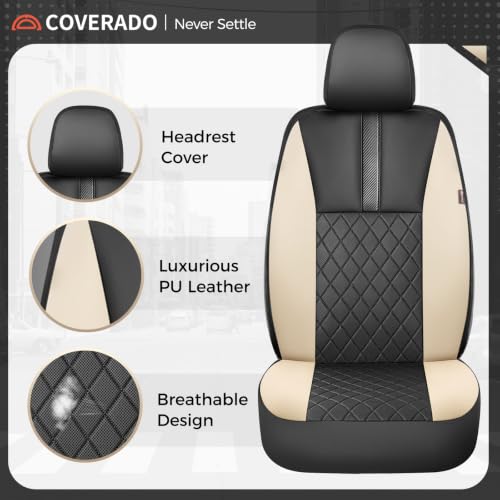 Image of Coverado Car Seat Covers Front Pair, Automotive Leather Seat Covers for Car,Universal Fit Front Back Seat Cover, Non-Slip Waterproof Breathable Car Seat Protector