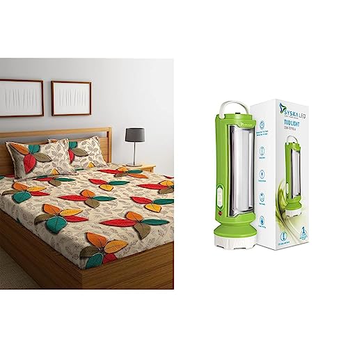 Image of Home Sizzler 144 TC Microfibre 3D Floral Multi Double Bedsheet with 2 King Size Pillow Covers & SYSKA Tuo Portable Rechargeable Led Lamp Cum Torch with Upto 4hrs Backup (Green-White) (1)