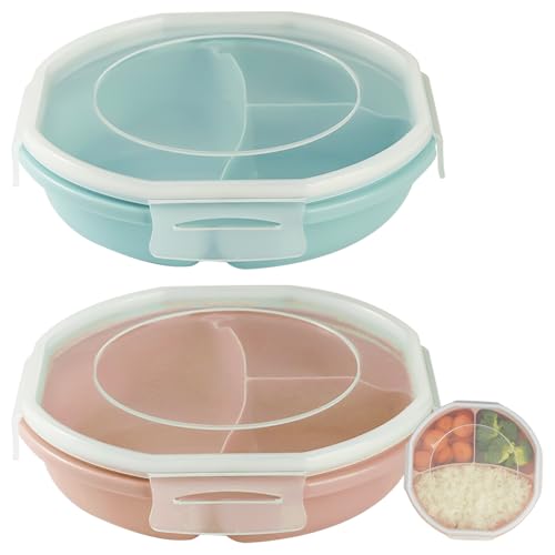 GOMETY 2 Pièces Assiettes Micro-ondes avec Couvercle, Boîte Repas Bento Compartimentée 3 Compartiments, Hermétique, Sans BPA, Vaisselle Micro-ondes pour Réchauffer, Congeler et Conserver Rose, Bleu
