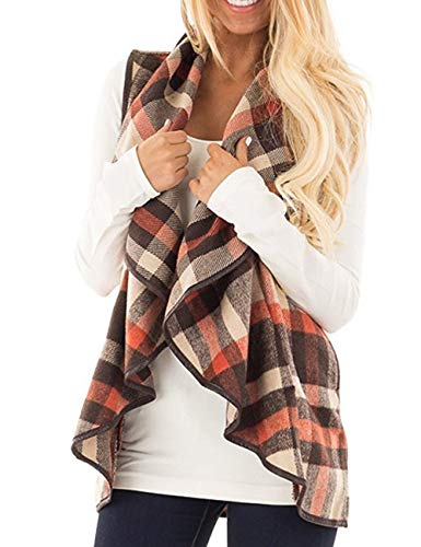 SOMTHRON Women's Color Block Draped Open Front Lapel Sleeveless Plaid Vest Waterfall Cardigan Jackets(Khaki/Orange-L)