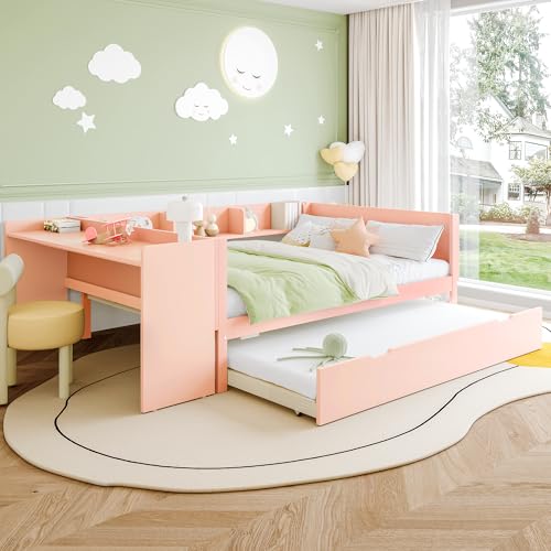 Oxtao Letto piano 140 x 200 cm, con scrivania, letto a rotelle, letto matrimoniale, con ripiani, pino+truciolato (rosa, 140 x 200 cm)