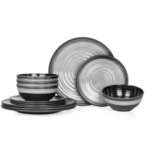 Camping Tableware Made of Melamine for 4 People, 12 Pieces, Dishwasher Safe, Picnic Crockery Set, Crockery Camping Tableware, Stone Grey Design Camping Tableware Made of Melamine for 4 People, 12 Pieces, Dishwasher Safe, Picnic Crockery Set, Crockery Camping Tableware, Stone Grey Design